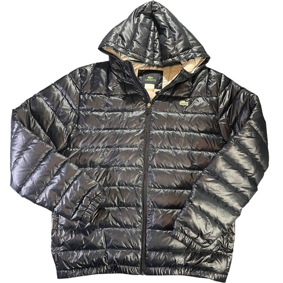 Lacoste Puffer Jacket Hooded Black Shiny Lightweight Men Size 54 LARGE